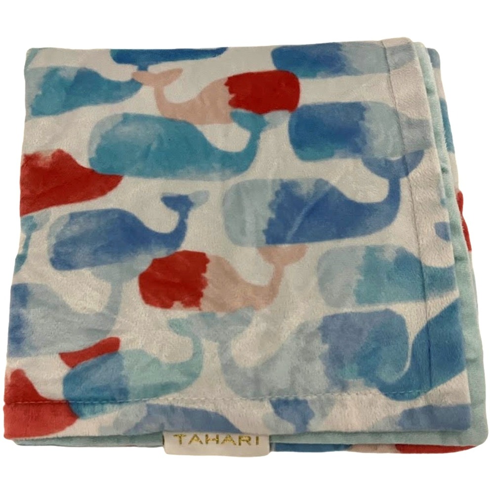 Tahari Whale Baby Blanket Raised Stars Blue Pink White Security Lovey 30x40 htf